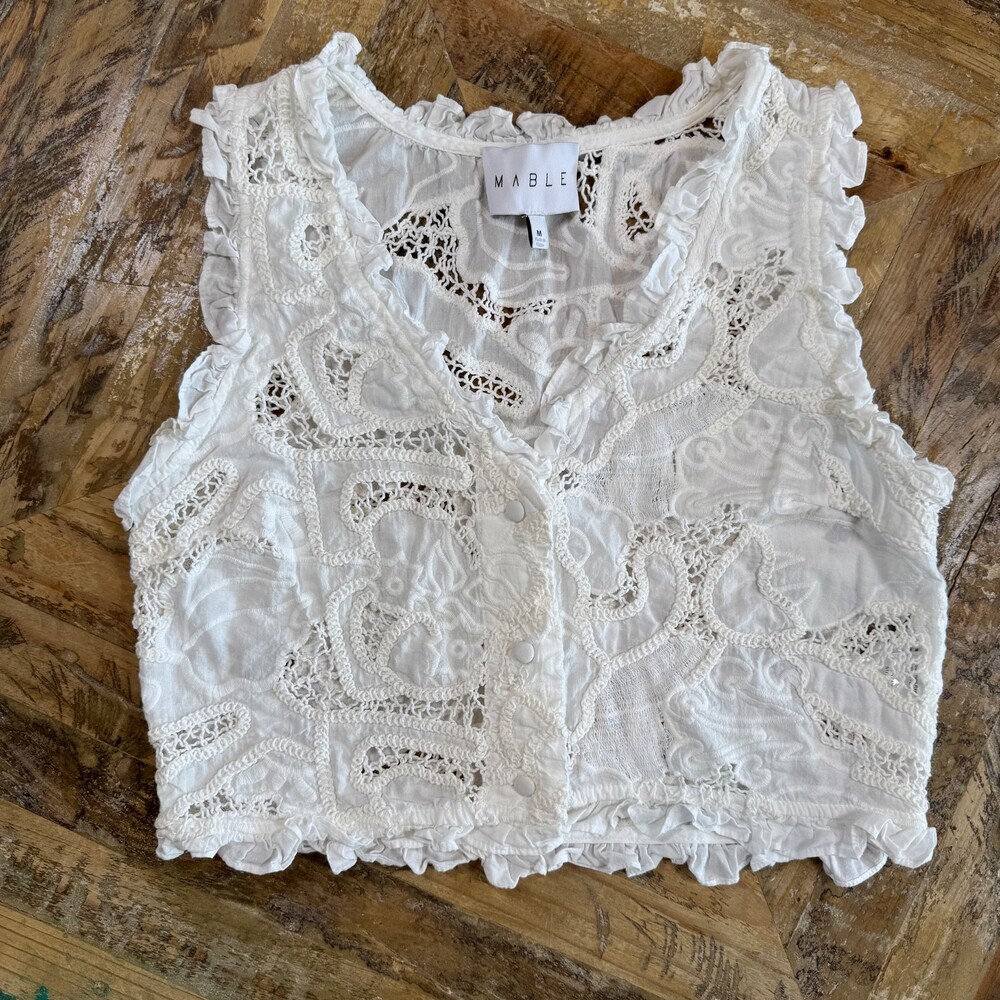 Mable Cropped White Lace Embroidered Vest Medium boho coquette festival romcom